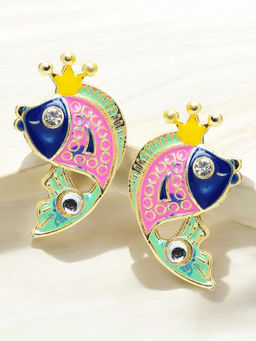 OOMPH - Pink Blue Enamel Stud Earrings Good Luck Fish Design