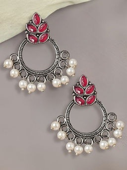 OOMPH - Oxidised Ethnic Small Drop Earrings Maroon Stone Pearls Floral Design