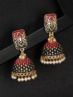 OOMPH - White Red & Green Meenakari Enamel with Pearls Ethnic Jhumka/Jhumki Earrings