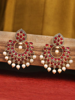 OOMPH - Red Kemp Stone & Pearls Large Chandbali Earrings