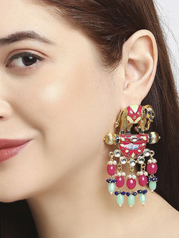 OOMPH - Multi-Color Red & Pink Meenakari Kundan Elephant Design Large Ethnic Drop Earrings