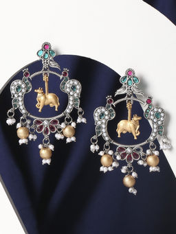 OOMPH - Oxidised Silver Ethnic Drop Earrings - Nandi Cow & Peacock Design - Jadau Style
