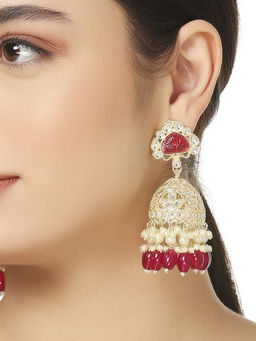 OOMPH - Wine Jaipur Engraved Stones & Beads Jhumka Earrings
