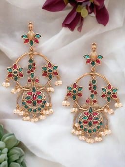 OOMPH - Matte Gold Jadau Ethnic Drop Earrings - Moti Manik Peacock Design