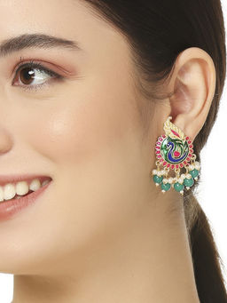 OOMPH - Green & Pink Meenakari Stud Earrings - Peacock Design