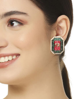 OOMPH - Green & Rani Pink Meenakari Stud Earrings - Elephant Design