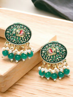 OOMPH - Green & Red Meenakari Drop Earrings - Elephant Design