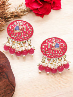 OOMPH - Rani Pink & Blue Meenakari Drop Earrings - Elephant Design