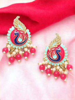 OOMPH - Rani Pink & Turquoise Ferozi Meenakari Stud Earrings - Peacock Design