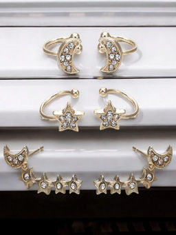 OOMPH - Pair Of Gold Tone Crystal Small Star and Moon Ear Cuff Earrings