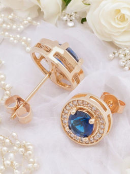 OOMPH - Gold Tone Deep Blue Round Cubic Zirconia Fashion Stud Earrings
