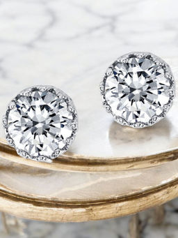 OOMPH - Silver and White Crystal Crown Solitaire Fashion Stud Earrings