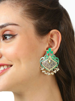 OOMPH - Green Meenakari and Kundan Drop Earrings - Occasion-Wear