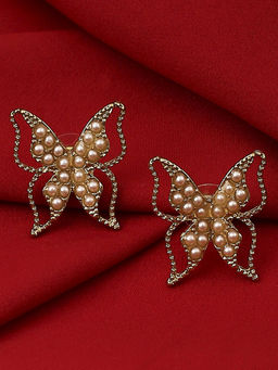 OOMPH - Gold Tone Pearl Butterfly Party Wear Fashion Large Stud Earrings