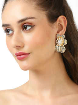 OOMPH - Gold Tone Floral Party Wear Fashion Pearls Oversized Earrings