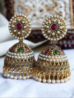 OOMPH - Gold Jadau Maroon and Green Stones and Pearls Earrings for Women