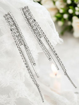 OOMPH - Silver Crystal Tassel Long Drop Earring for Women