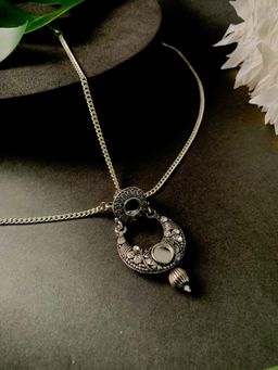 I Jewels - Stylish Silver Oxidised Mirror-White Studded Mathapatti