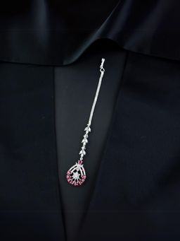 I Jewels - Elegant Silver Plated Beautiful Ad and Cz Pink Studded Crystal Maang Tikka