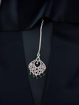 I Jewels - Rose Gold Plated Elegant Green Beautiful Ad and Cz Studded Crystal Maang Tikka