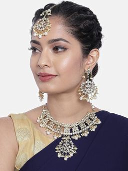 I Jewels - White Gold Plated Traditional Handcrafted Kundan and Pearl Choker Necklace Jewellery Set