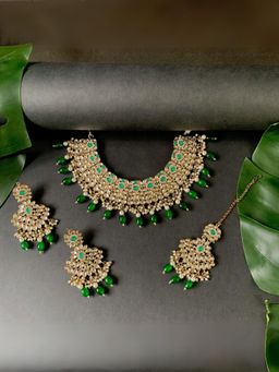I Jewels - Green Gold Plated Traditional Kundan Pearl Choker Necklace Jewellery Set