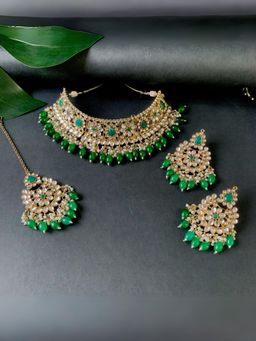 I Jewels - Green Gold Plated Traditional Pearl Kundan Choker Jewellery Necklace Set