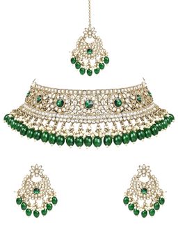 I Jewels - Green Gold Plated Traditional Kundan Pearl Hanging Choker Necklace Jewellery Set