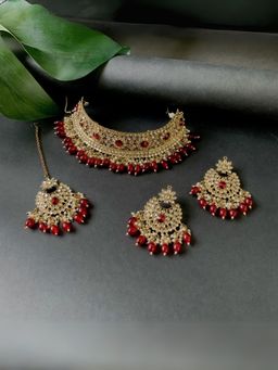 I Jewels - Maroon Gold Plated Traditional Kundan Pearl Hanging Choker Necklace Jewellery Set