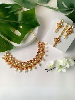 I Jewels - Pink Gold Plated Traditional Pearl Kundan Floral Necklace Jewellery Set