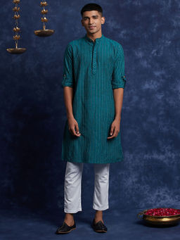 Fabindia - Cotton Stripes Slim Fit Long Kurta With Cuff