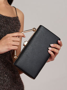 Twenty Dresses by Nykaa Fashion - Black Solid Diamond Top Handle Rectangular Party Clutch