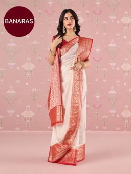 Likha - Off White Karigar Korner Cotton Antique Zari Pujo Saree with Unstitched Blouse LIKKKSAR09