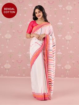 Likha - Off White Karigar Korner Handcrafted Cotton Pujo Saree with Unstitched Blouse LIKKKSAR01