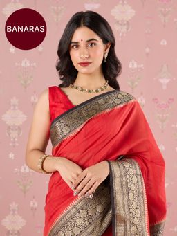 Likha - Red Karigar Korner Cotton Antique Zari Border Saree with Unstitched Blouse LIKKKSAR09