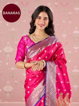 Likha - Pink Karigar Korner Satin Silk Antique Zari Border Saree with Unstitched Blouse LIKKKSAR11