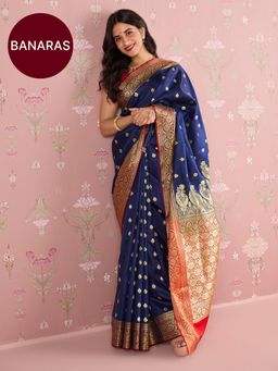 Likha - Navy Blue Karigar Korner Satin Silk Zari Border Saree with Unstitched Blouse LIKKKSAR11
