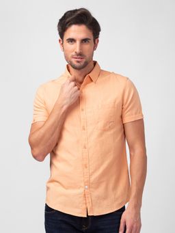 Spykar - Men Peach Linen Slim Fit Plain Shirt
