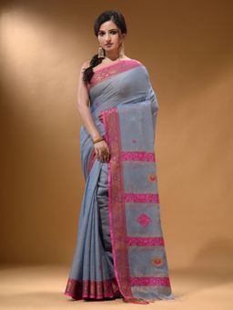 Arhi - Grey Cotton Blend Handwoven Nakshi Design Saree with Unstitched Blouse
