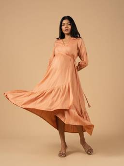 The Mom Store - Women Coral Solid/Plain Cotton Maternity Wrap Dress