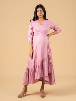 The Mom Store - Women Purple Solid/Plain Cotton Maternity Wrap Dress