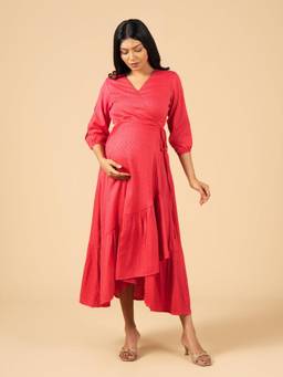 The Mom Store - Women Red Solid/Plain Cotton Maternity Wrap Dress