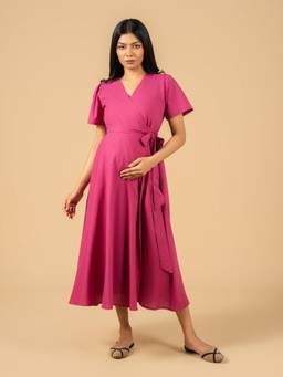 The Mom Store - Women Pink Solid/Plain Cotton Maternity Wrap Dress