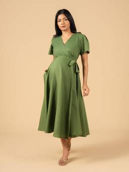 The Mom Store - Women Green Solid/Plain Cotton Maternity Wrap Dress