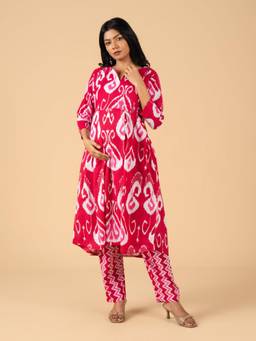 The Mom Store - Women Pink Printed Cotton Kurta with Pant with Dupatta