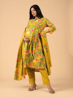The Mom Store - Women Mustard Floral Cotton Kurta with Pant with Dupatta