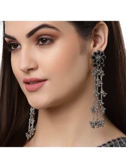 Karatcart - Oxidised Silver Black Kundan Floral Tassel Earrings for Women