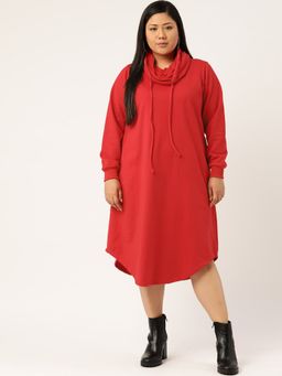 theRebelinme - Plus Size Women Red Solid Color Cowl Neck Winter Dress