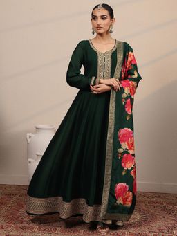 Libas - Green Embroidered Full Sleeves Flared Evening Gown with Dupatta
