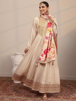 Libas - Beige Embroidered Full Sleeves Flared Evening Gown with Dupatta